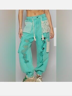 Turquoise Distressed Crochet Patch Cargo Joggers
